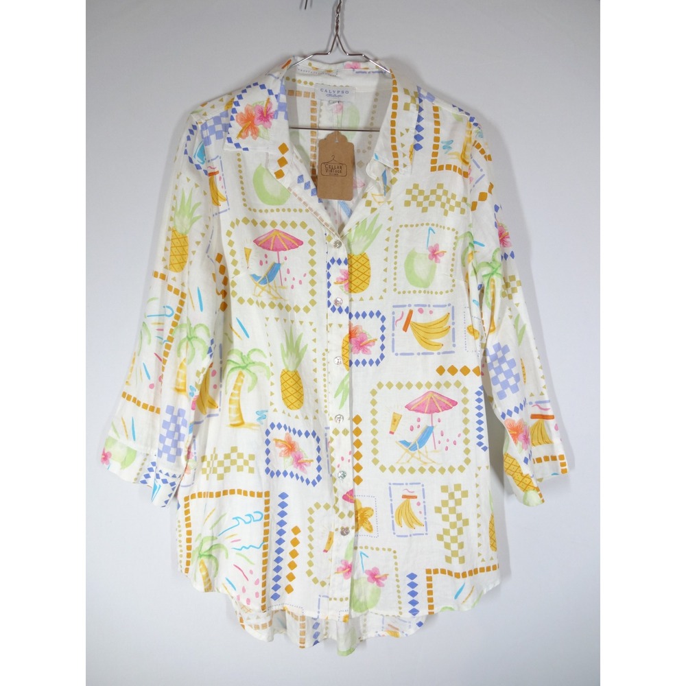 Calypso St Barth Button Down Shirt Tunic Women L White Tropical Linen Blend Gran